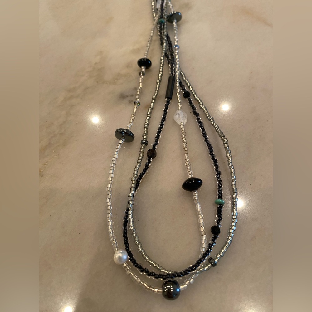 Beaded necklace, black, silver, turquoise, pearl, Opal, hematite, moonstone